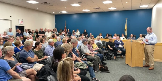 a large group of people sitting and talking with John Connors, who is at the podium