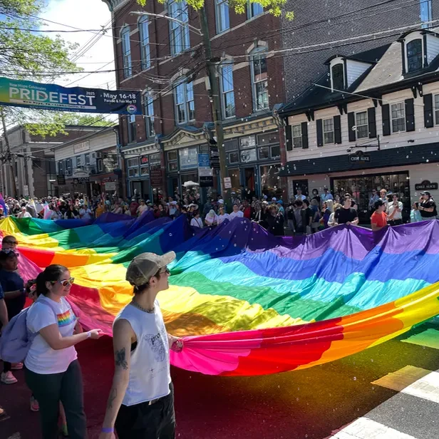 people walking and holding a rainbow flag that is as wide as the street