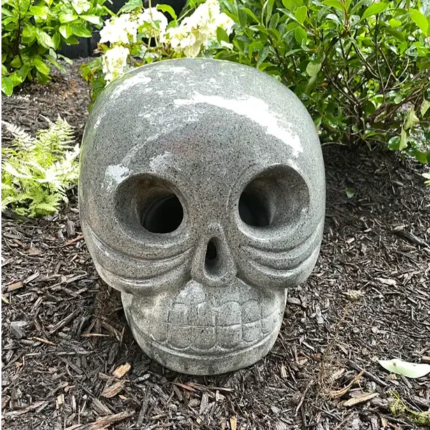 a stone skull sculpture rests in a flower bed
