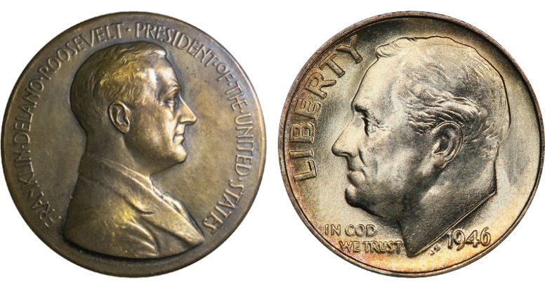 an FDR inaugural medal, and a Roosevelt dime