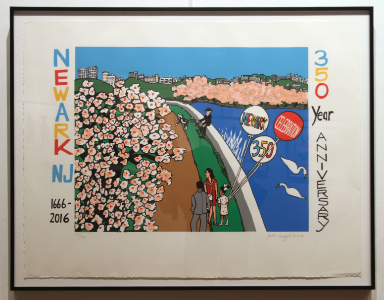 framed commemorative print featuring cherry blossoms and park visitors on a walkway by the Passaic River in Branch Brook Park