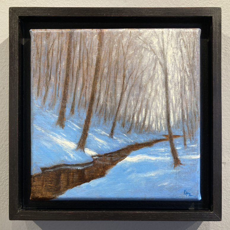 a painting of a creek running through snow-covered woods
