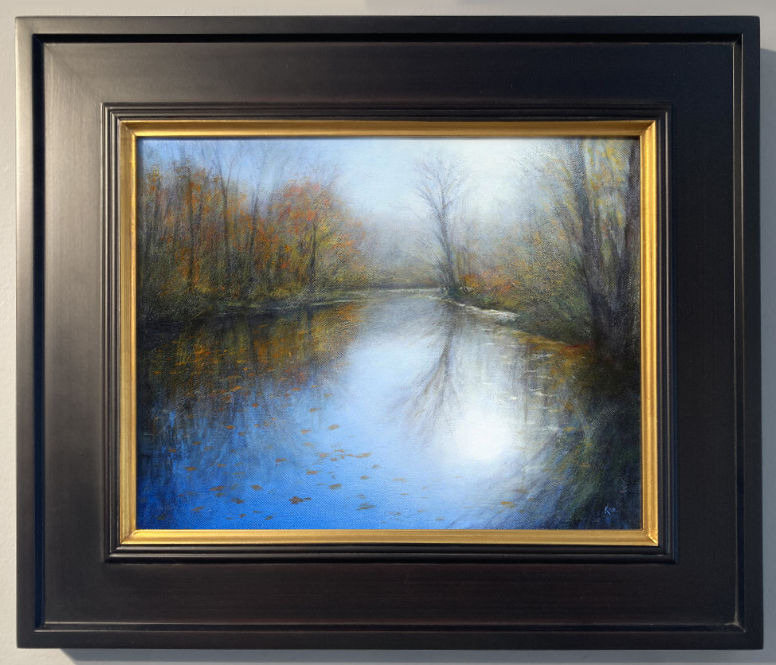 a painting of a body of water reflecting autumn leaves dropping from the surrounding trees