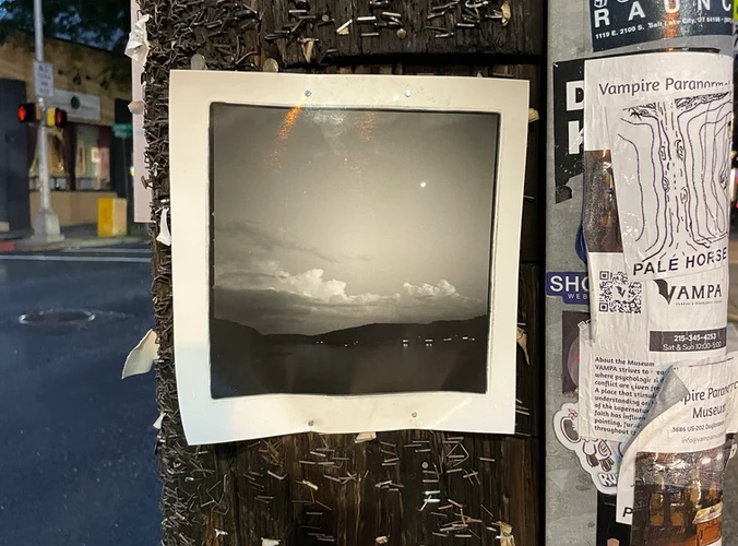 a black ad white photo tackked to a phone pole in town