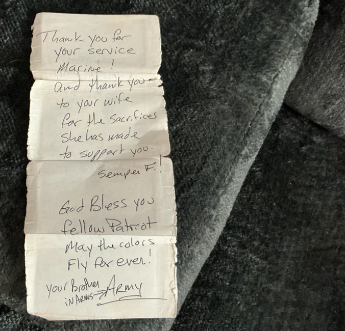 a tattered note thanking Sarge for his service