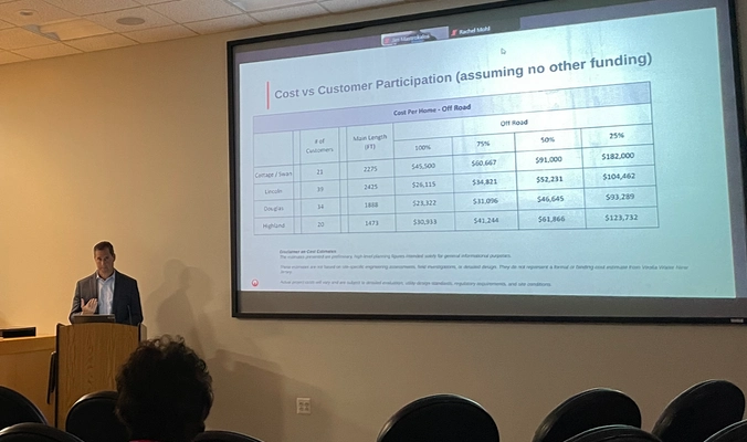 Jim standing at a podium next to a slide presentation