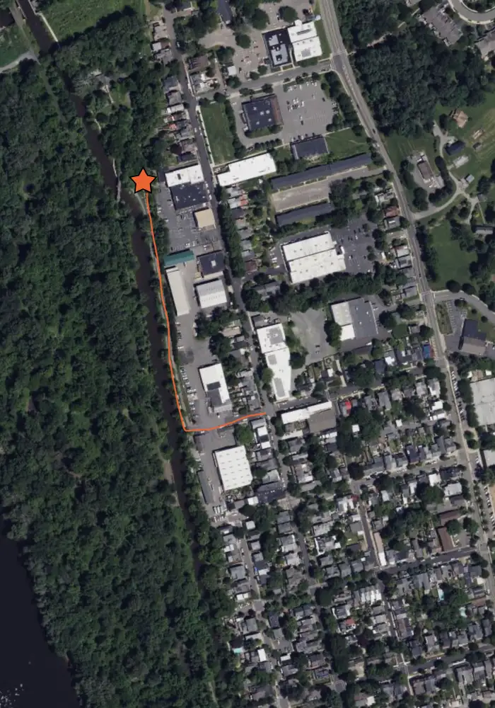 a map of northern part of lambertville with a star where the gate is located and a line showing where the Canal Studios suggested you walk instead