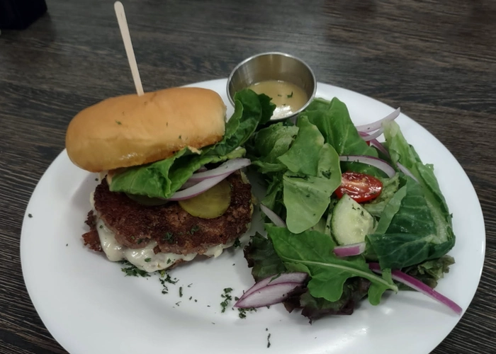 a hamburger with bun, lettuce, tomato, and a side of sauce on a white plate