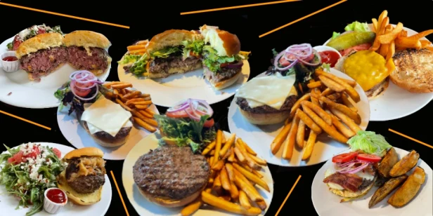a collage of Lambertville hamburgers on plates with sides and fixings