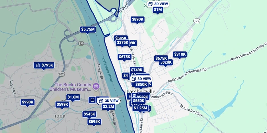 a map showing prices of homes for sale in lambertville, NJ
