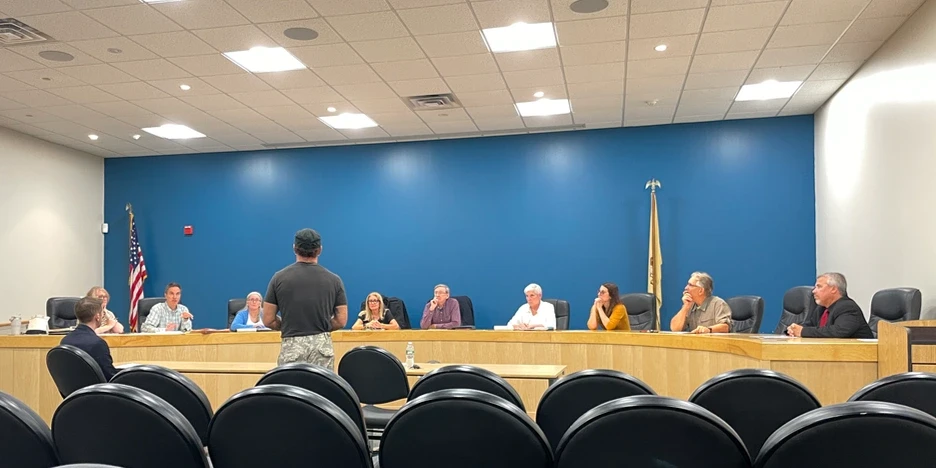 a man stands before a group of people sitting at a dais during the zoning meeting