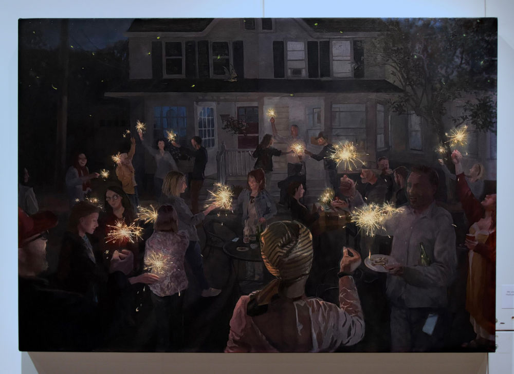 a painting of a group of people celebrating by holding sparklers that are lighting up the darkness