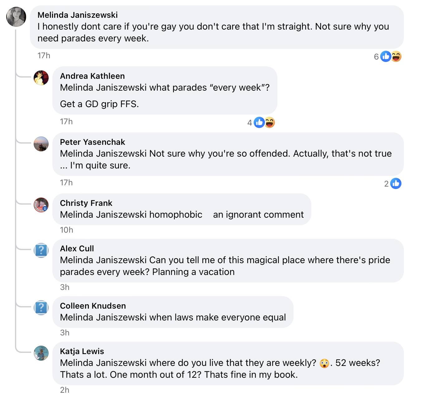 someone said they don’t care if you are gay, but not sure why you need a parade every week. another commenter said where is this magical place where there are pride parades every week?